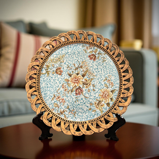 Light Blue Floral Decorative Plate with Golden Rim – Luxury Table & Wall Décor