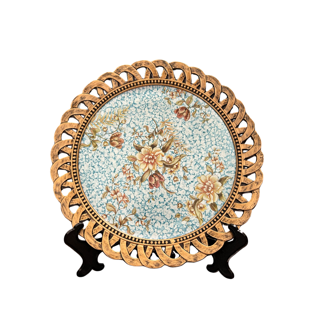 Light Blue Floral Decorative Plate with Golden Rim – Luxury Table & Wall Décor