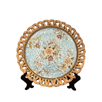 Light Blue Floral Decorative Plate with Golden Rim – Luxury Table & Wall Décor