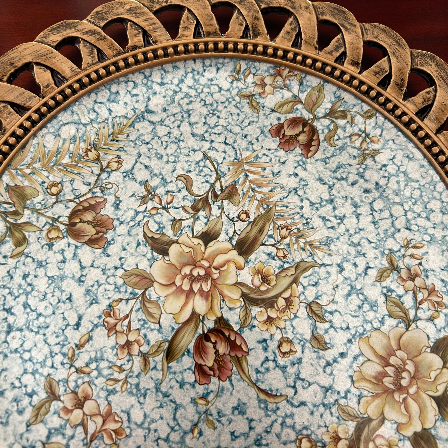 Light Blue Floral Decorative Plate with Golden Rim – Luxury Table & Wall Décor