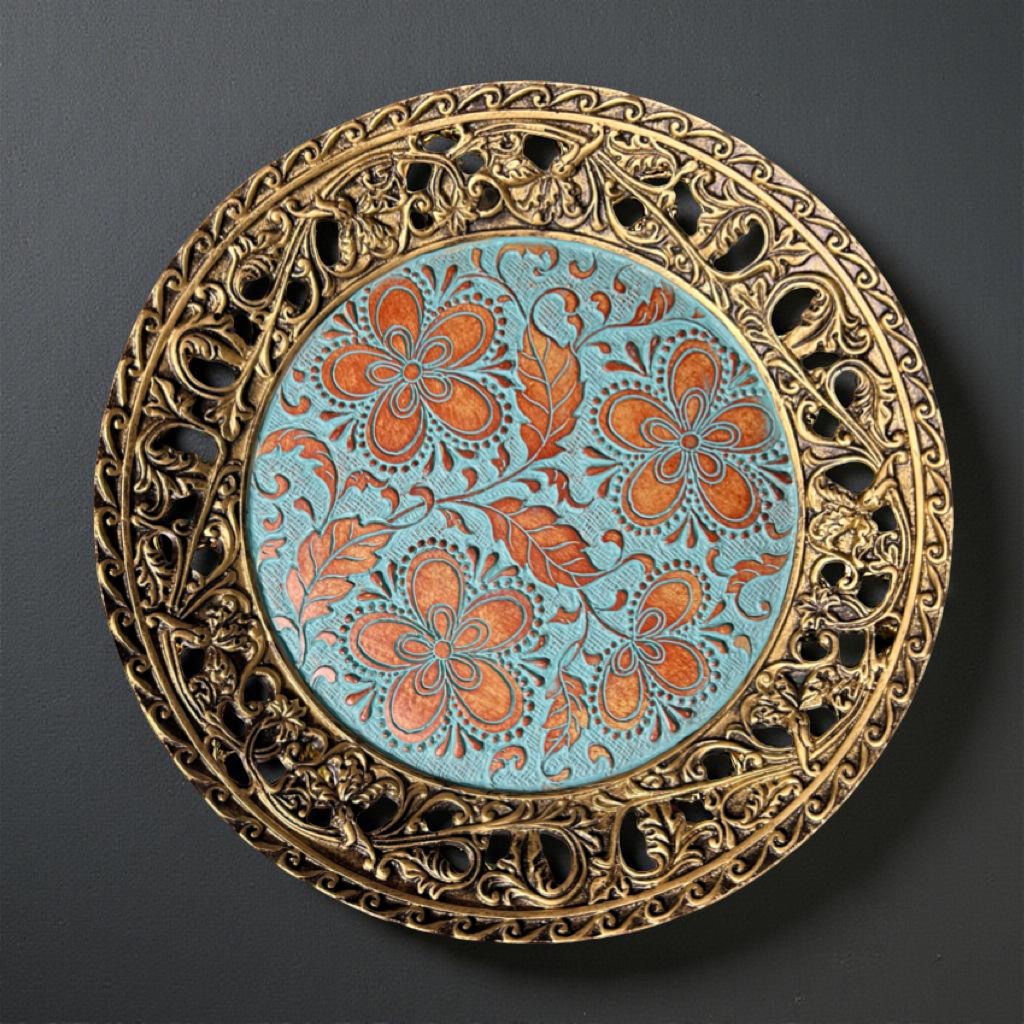 Turquoise Floral Decorative Plate with Ornate Golden Rim – Luxury Table & Wall Décor