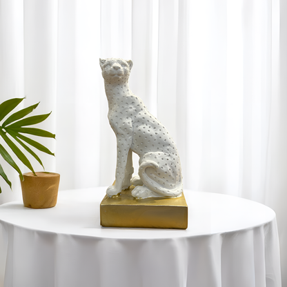 White Panther Sculpture with Golden Base