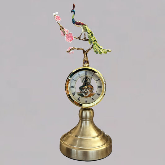 Oriental Peacock Table Clock with Golden Base
