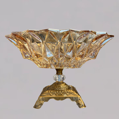 Oriental Crystal Glass Decorative Bowl with Golden Stand
