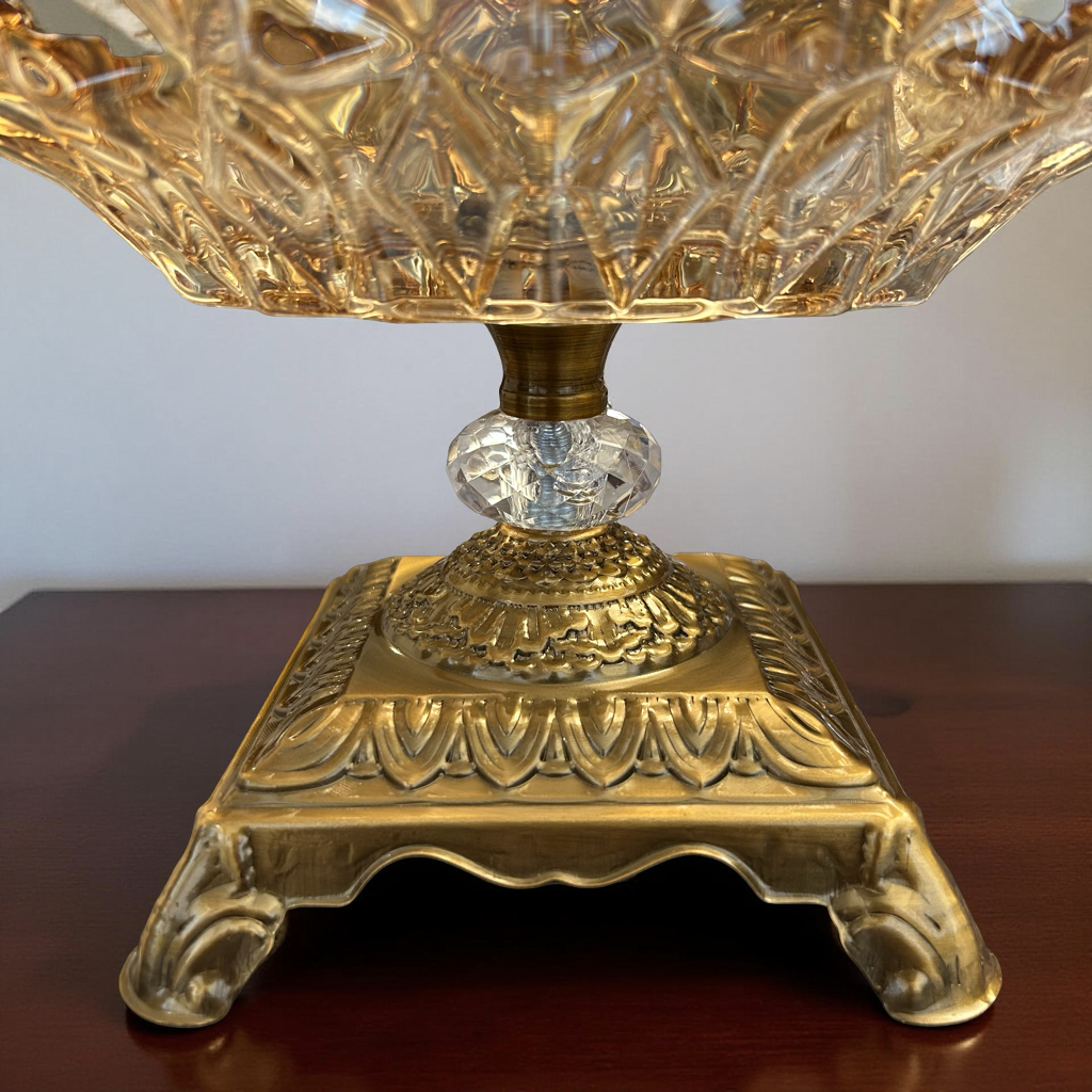 Oriental Crystal Glass Decorative Bowl with Golden Stand