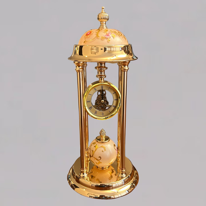 Golden Table Clock with Peach Enamel Floral Design