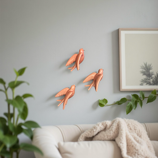 Elegant Pink Bird Wall Décor towards Right Direction - Set of 3