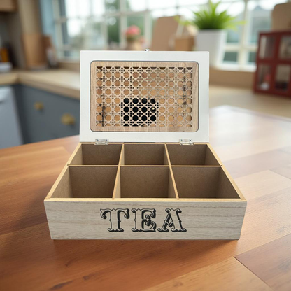Rustic Wooden Tea Organizer Box with Lid