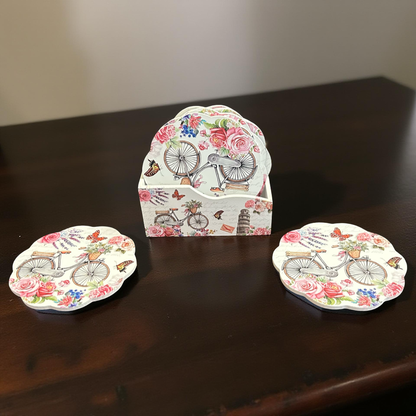 Wooden Coaster Set with Vintage Bicycle & Floral Print