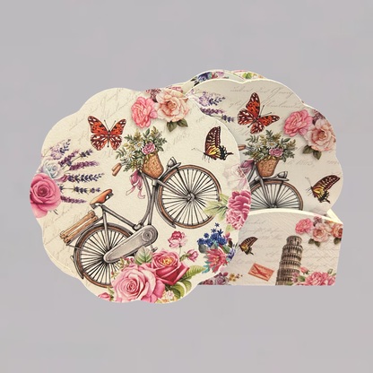 Wooden Coaster Set with Vintage Bicycle & Floral Print