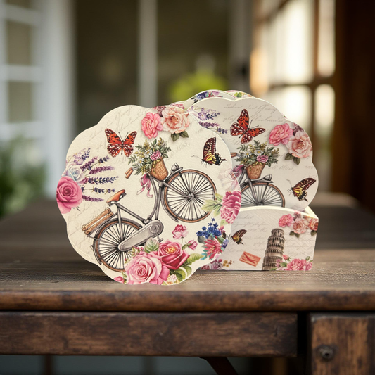 Wooden Coaster Set with Vintage Bicycle & Floral Print