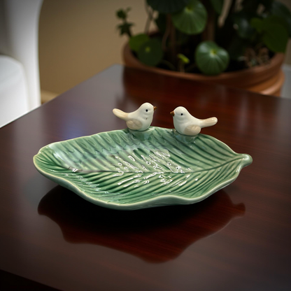 Handcrafted Green Leaf Ceramic Plate with Bird Figurines