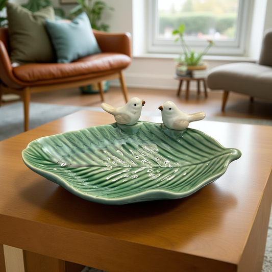 Handcrafted Green Leaf Ceramic Plate with Bird Figurines