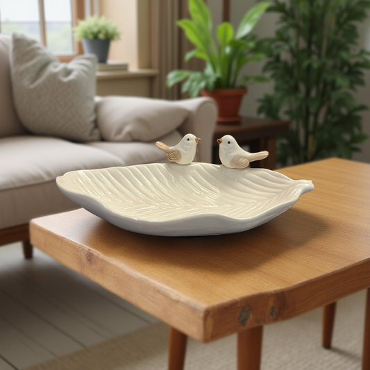 Handcrafted White Leaf Ceramic Plate with Bird Figurines