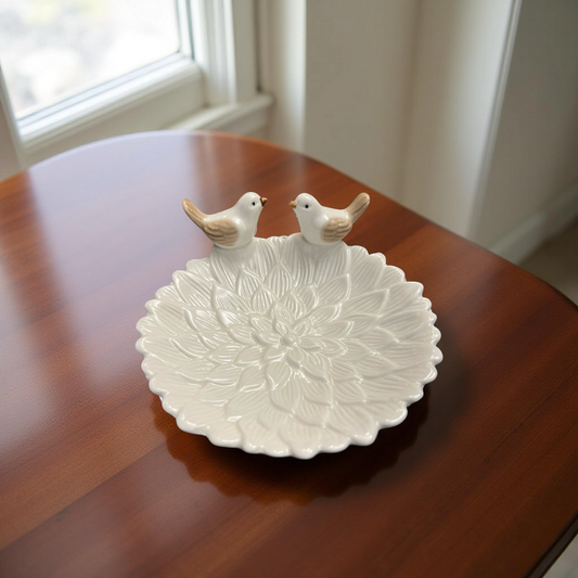 Elegant Ceramic Flower Pattern Dish with Bird Accents
