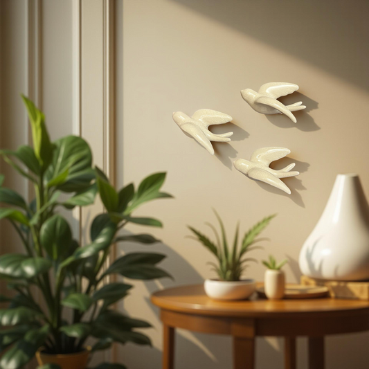 Elegant White Bird Wall Décor towards left Direction - Set of 3