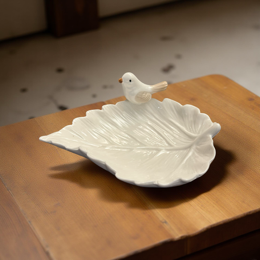 Elegant Ceramic Leaf Pattern Dish with Bird Accents