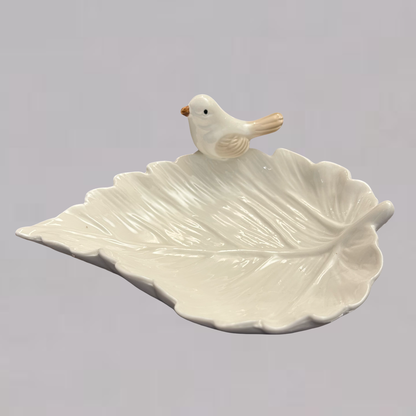Elegant Ceramic Leaf Pattern Dish with Bird Accents