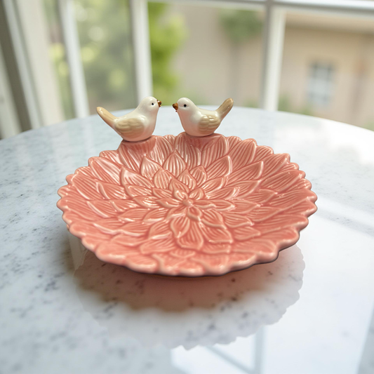 Elegant Ceramic Flower Pattern Dish with Bird Accents