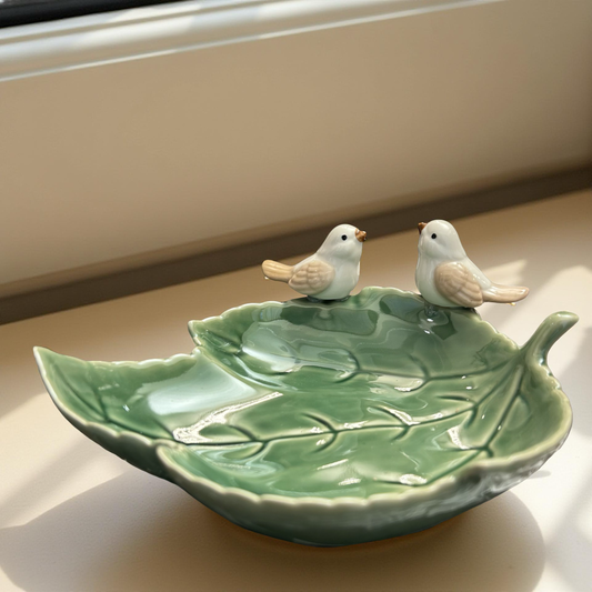 Elegant Ceramic Leaf Pattern Dish with Bird Accents