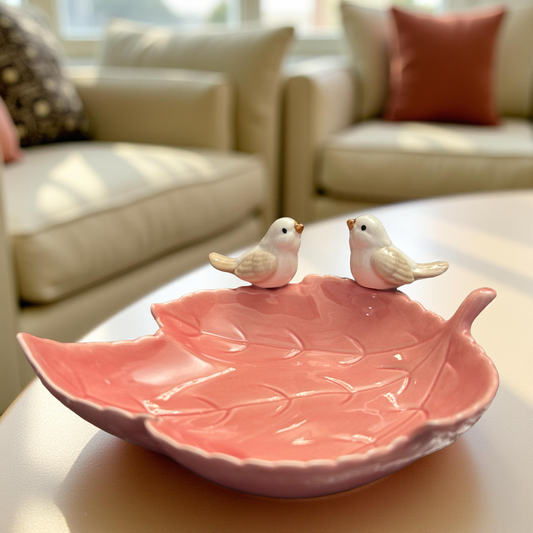 Elegant Ceramic Leaf Pattern Dish with Bird Accents