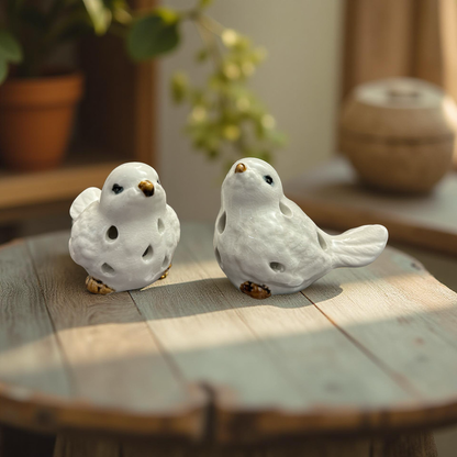 Elegant White Ceramic Birds Set with Golden Beak