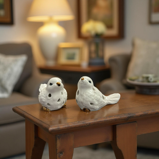 Elegant White Ceramic Birds Set with Golden Beak