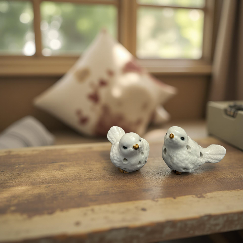Elegant White Ceramic Birds Set with Golden Beak