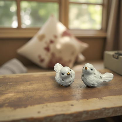 Elegant White Ceramic Birds Set with Golden Beak