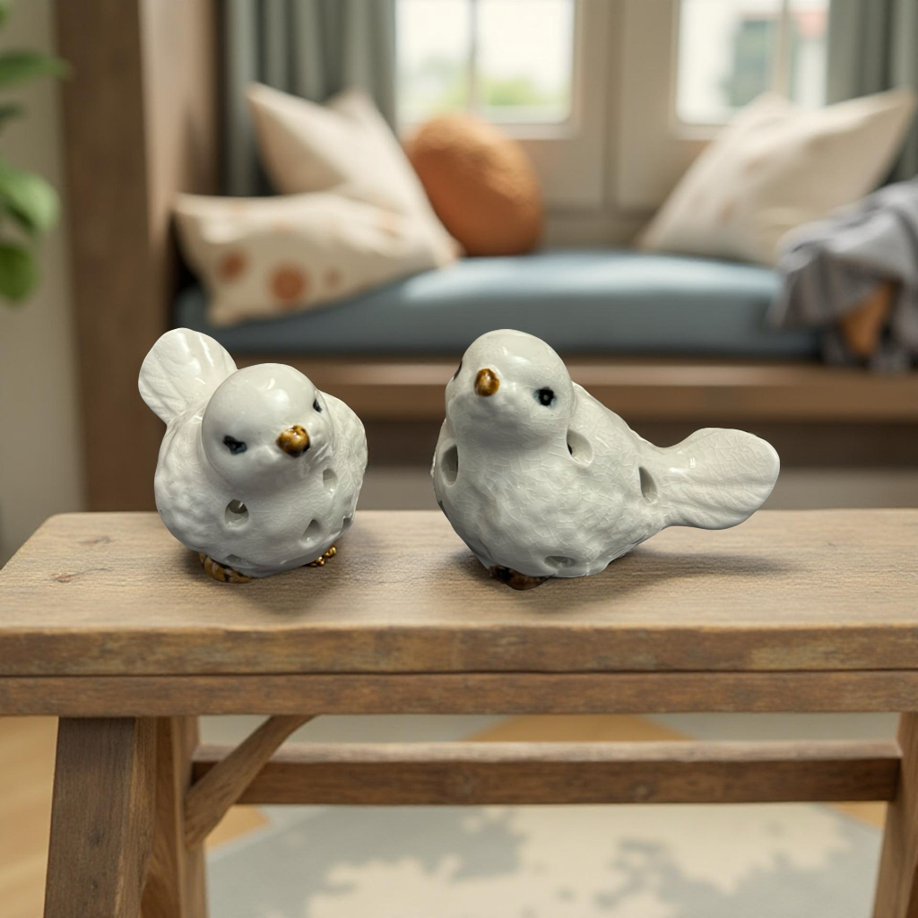 Elegant White Ceramic Birds Set with Golden Beak