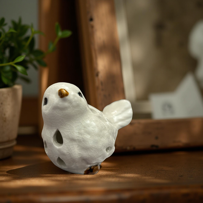 Elegant White Ceramic Birds Set with Golden Beak