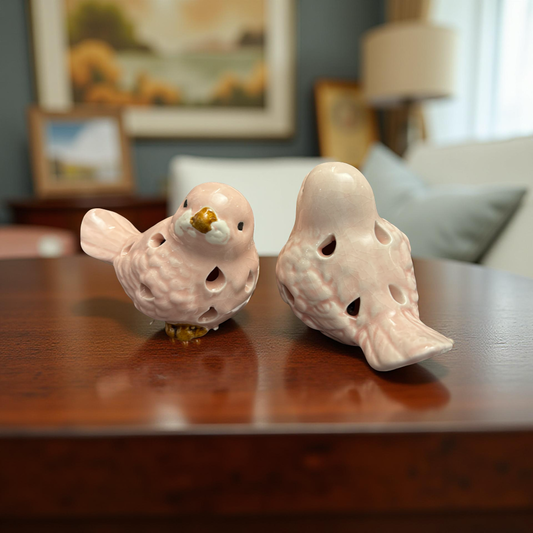 Elegant Pink Ceramic Birds Set with Golden Beak Small