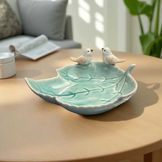 Elegant Ceramic Leaf Pattern Dish with Bird Accents