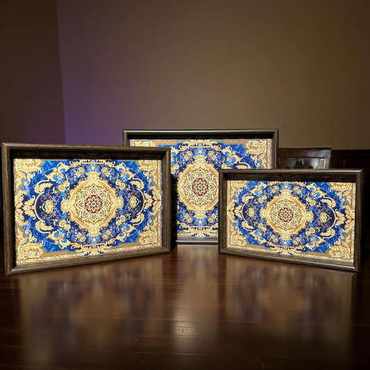 Blue & Persian Carpet Design Wooden Serving Tray Set of 3