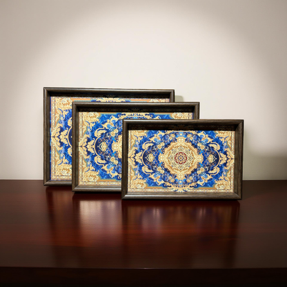 Blue & Persian Carpet Design Wooden Serving Tray Set of 3