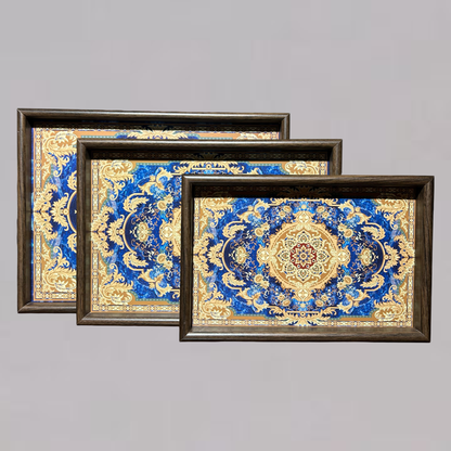 Blue & Persian Carpet Design Wooden Serving Tray Set of 3