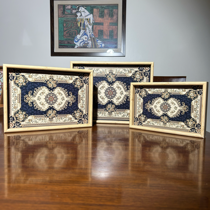 Classic Navy & Ivory Persian Style Serving Tray Set of 3