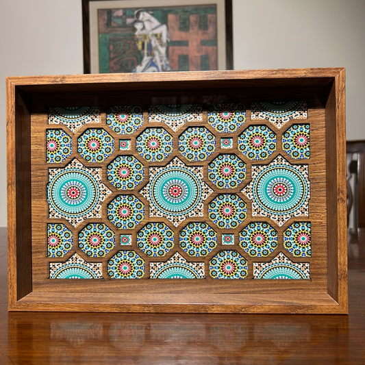 Handcrafted Wooden Tray – Blue & Green Mosaic Design for Serving & Home Décor