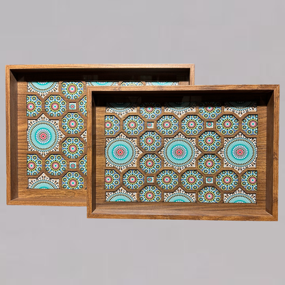 Handcrafted Wooden Tray – Blue & Green Mosaic Design for Serving & Home Décor