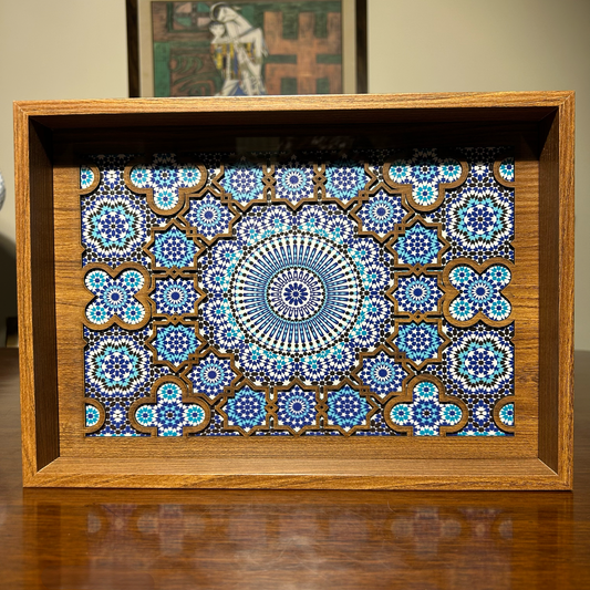 Handcrafted Wooden Tray – Artistic Blue Tile Mandala Design for Kitchen & Dining