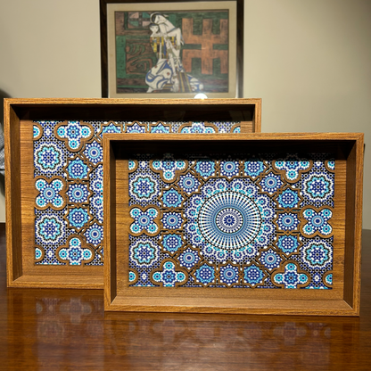 Handcrafted Wooden Tray – Artistic Blue Tile Mandala Design for Kitchen & Dining