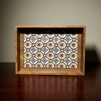 Wooden Serving Tray with Red & Blue Geometric Mosaic Pattern