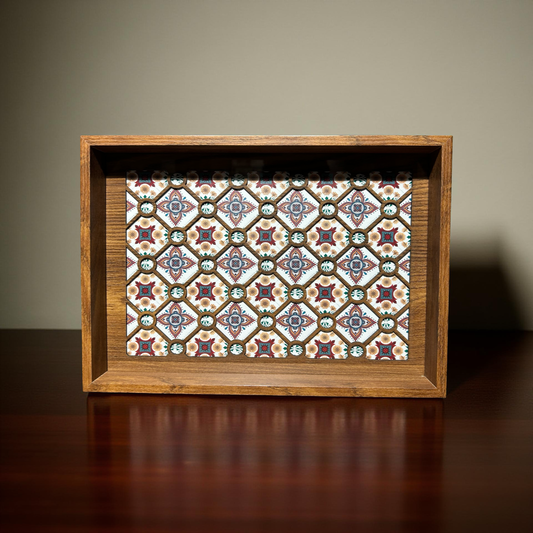 Wooden Serving Tray with Red & Blue Geometric Mosaic Pattern