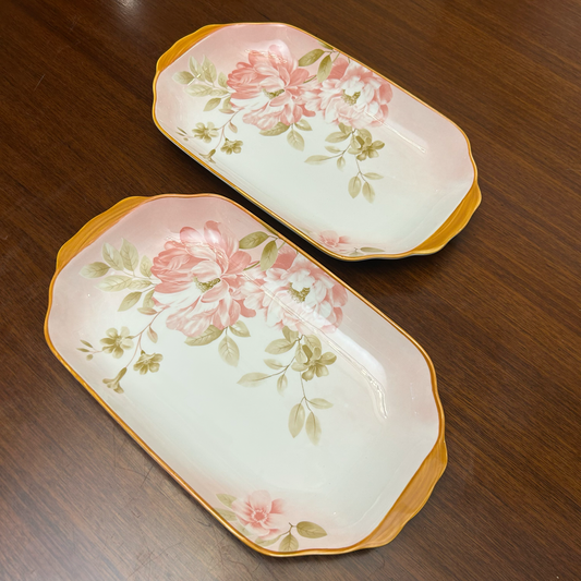 Rectangular Plates with Pink Floral Pattern Ceramic Platter Set