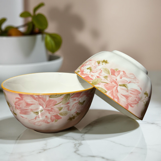 Ceramic Bowl Set of 2 – Elegant Pink Floral Design for Serving & Dining