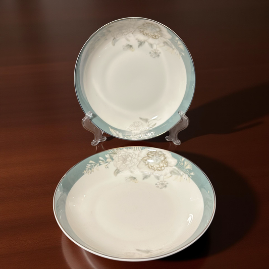 Pastel Blue Rim Ceramic Plates with Subtle Floral Design