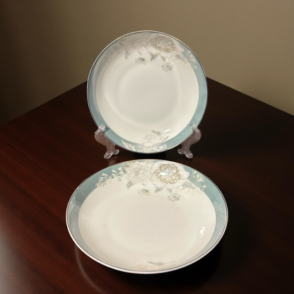 Pastel Blue Rim Ceramic Plates with Subtle Floral Design