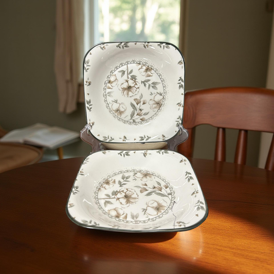 Square Ceramic Plates with Subtle Floral Motif Set of 2(M)