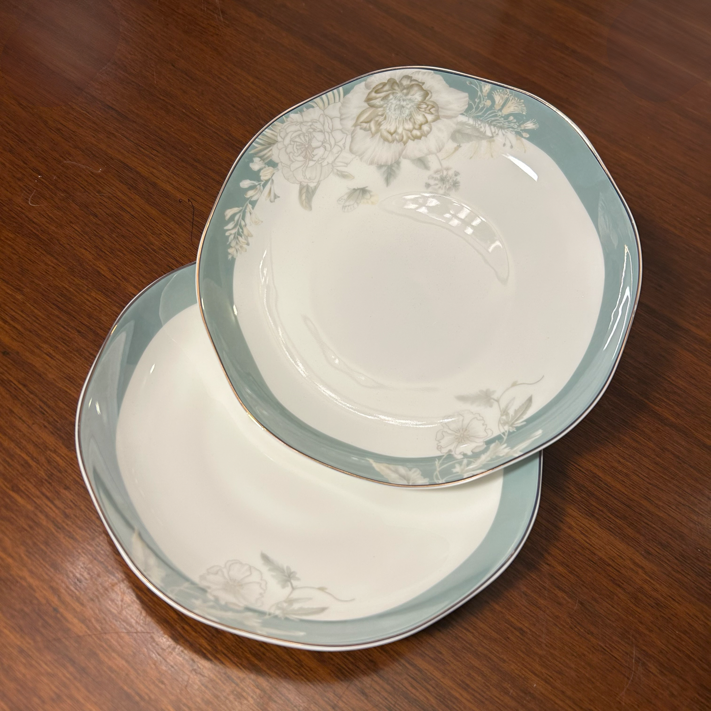 Elegant Blue Floral Octagon Ceramic Plates Set of 2