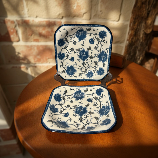 Traditional Blue and White Square Ceramic Plates Set of 2
